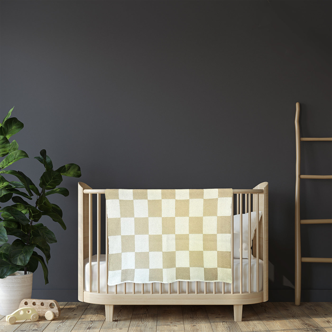 Beige Checkered Baby Blanket on a Crib on Dark Nursery