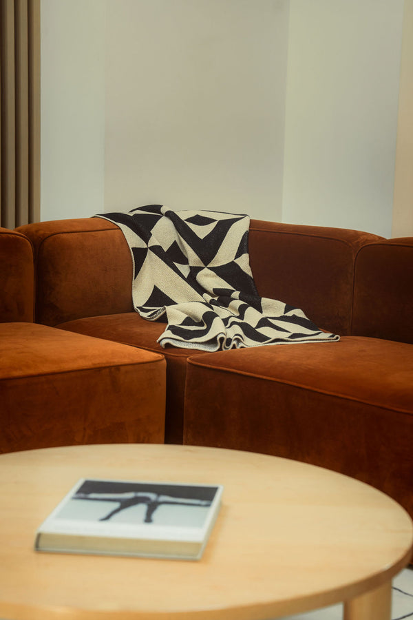 Black and Tan Bold Pattern Modern Throw on a Rust Sofa