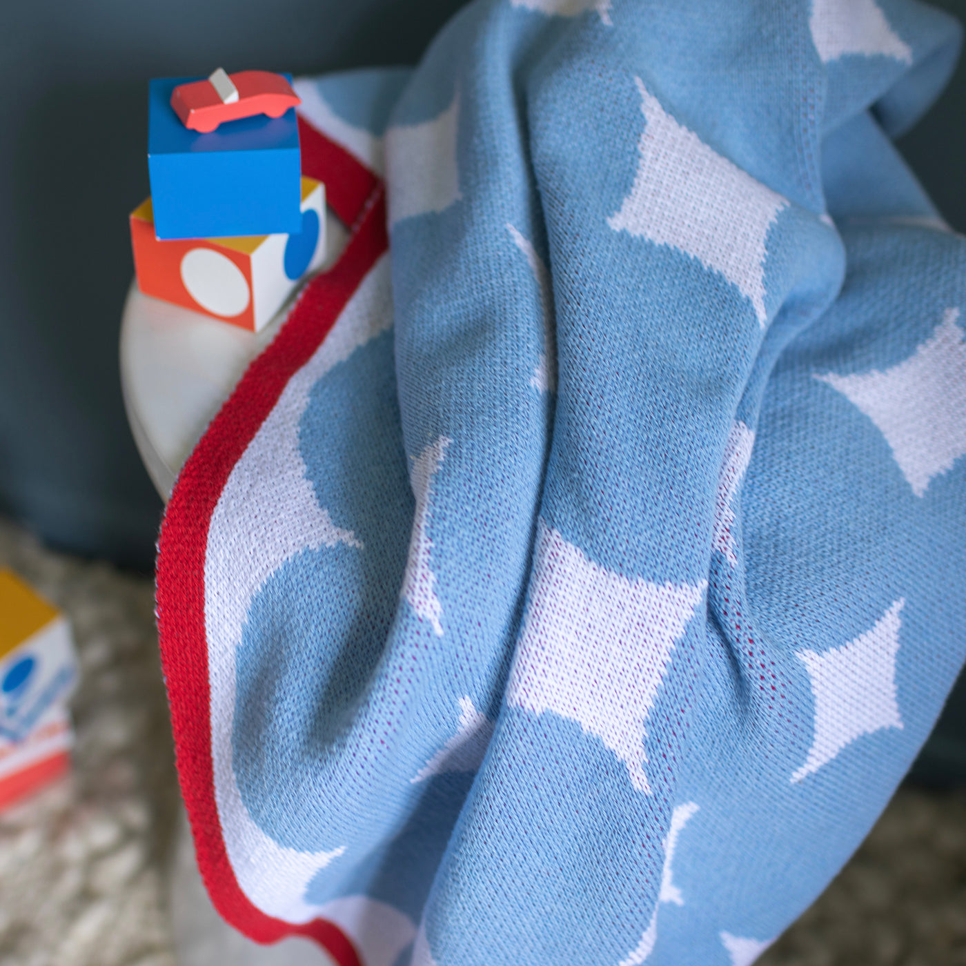 Modern Dots Light Blue Baby Blanket with Red Trim