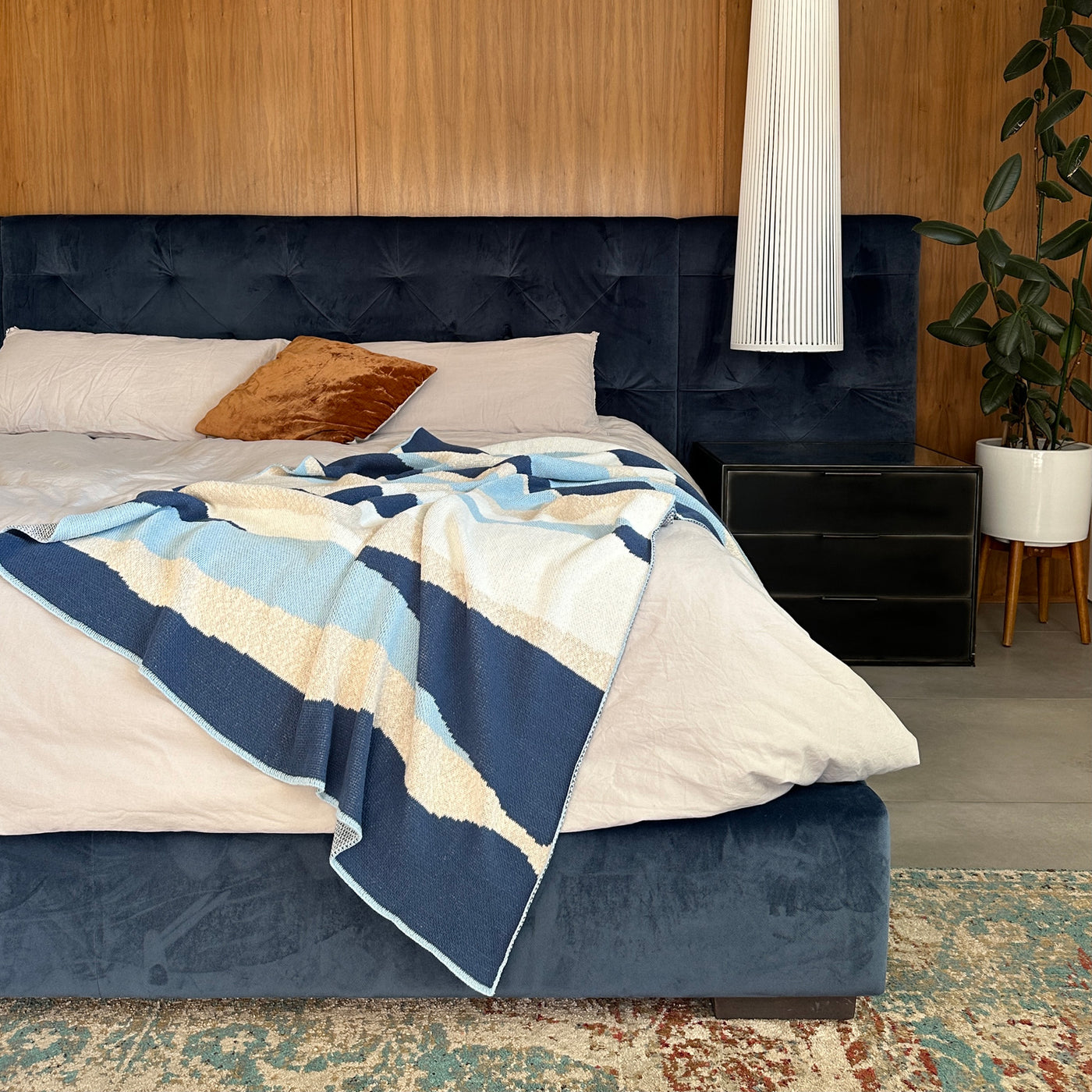 MCM Bedroom with Blue Organic Lines Throw