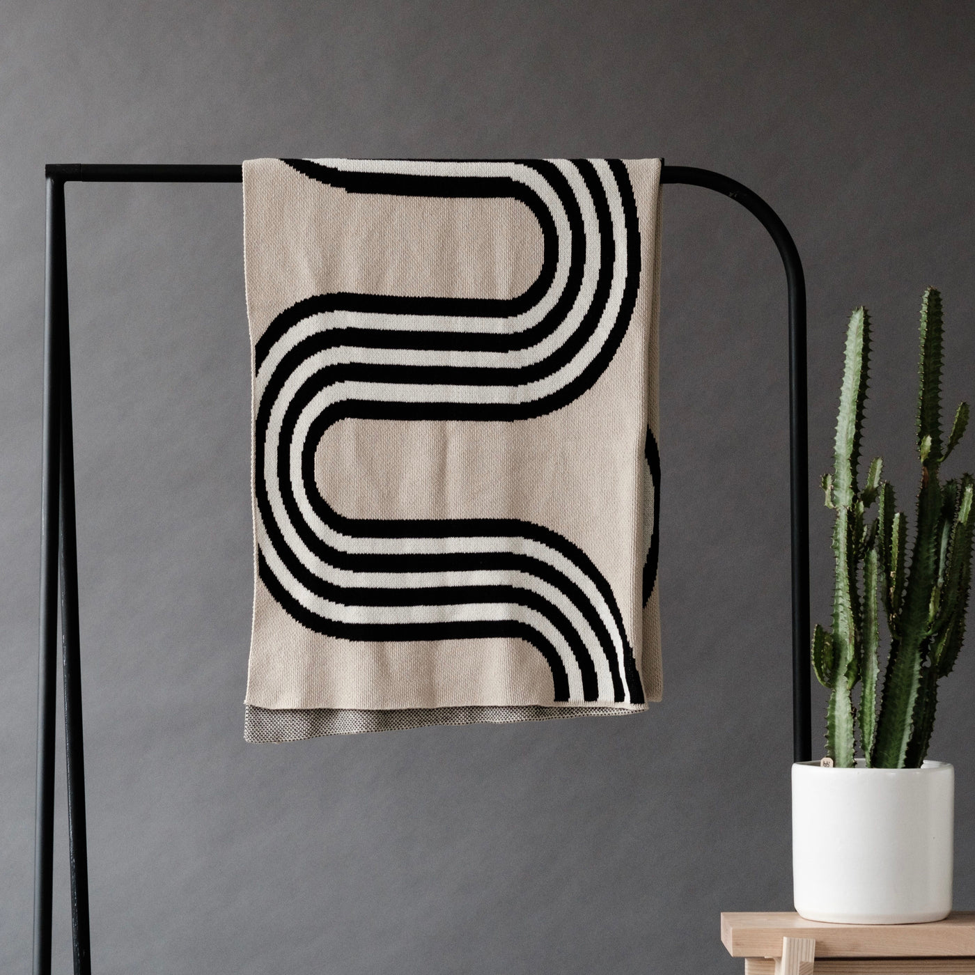 Beige Black and White Throw on a Clothing rack with a cactus