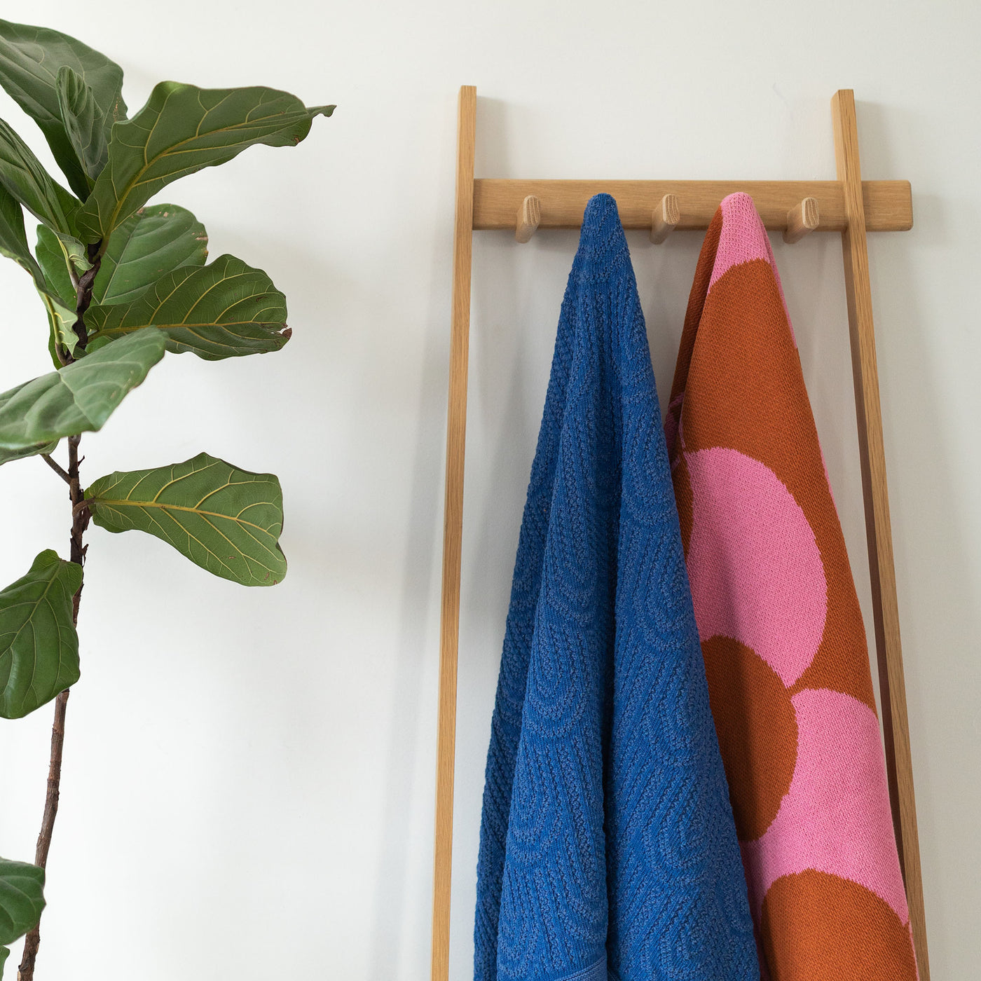 Blue and Pink Throw Blankets on a Coat Rack