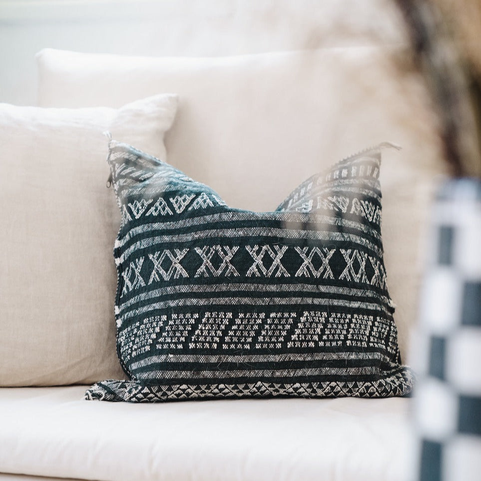 Desert Stripe Embroidered Cactus Silk Pillow - Black