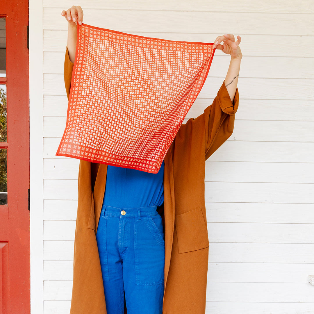 Person holding an orange checkered scarf in front of a white wall with a red door.