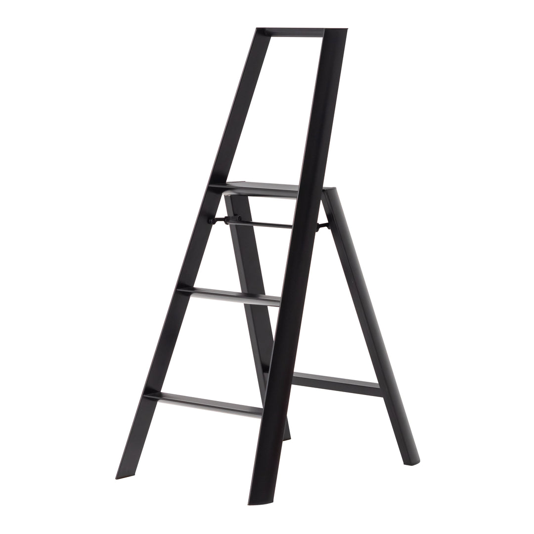 Black metal step ladder on a white background