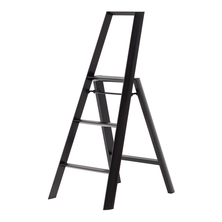 Black metal step ladder on a white background