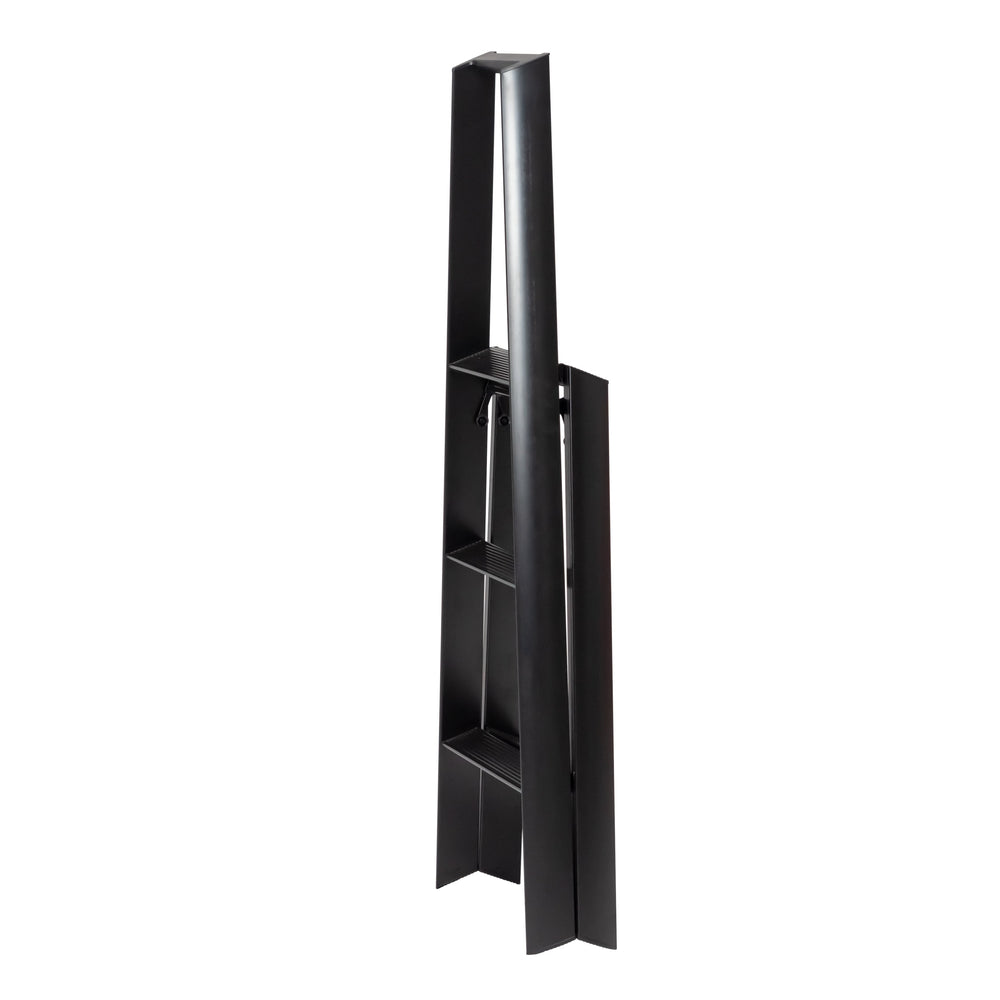 Black metal stepladder on a white background