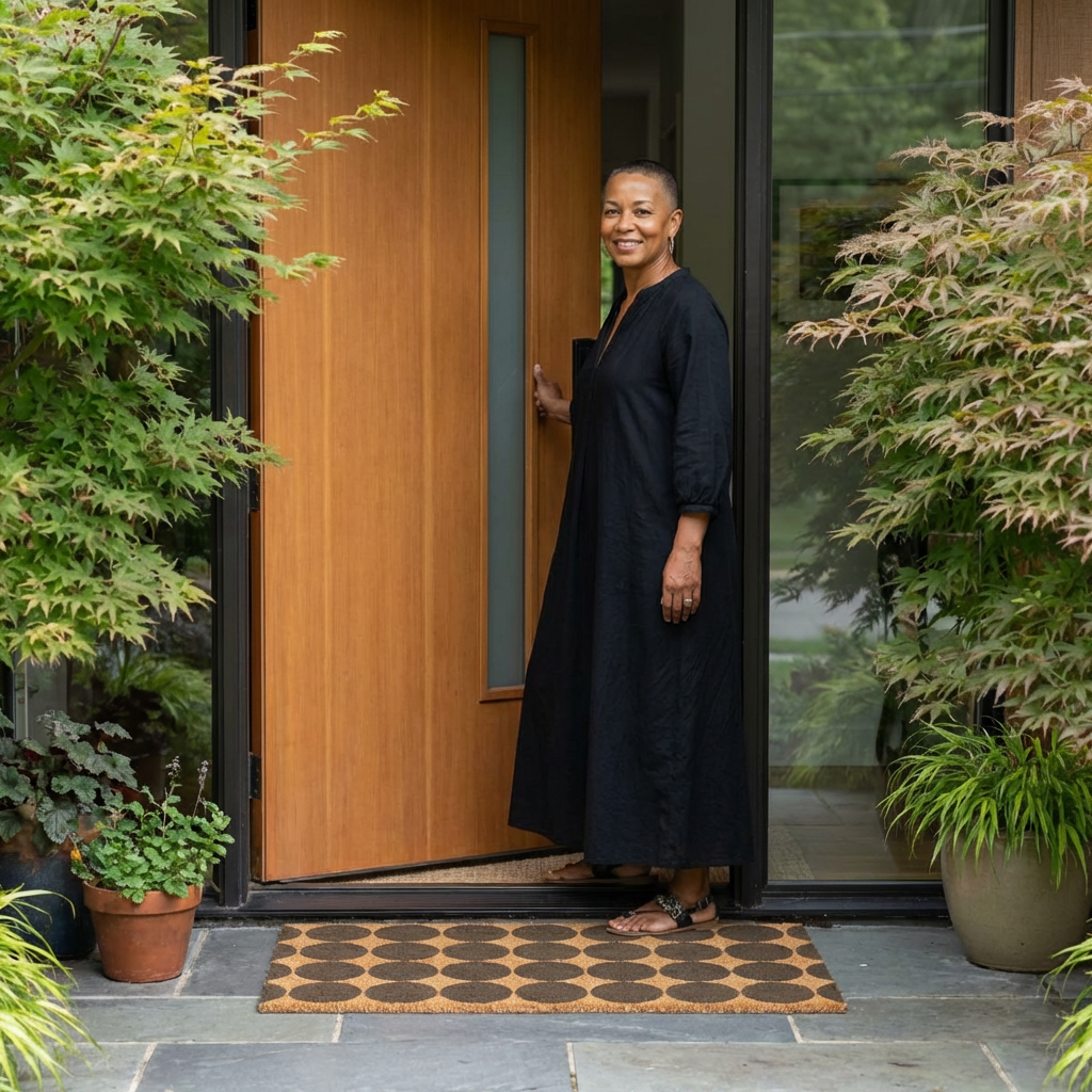 Woman in a black dress standing at the entrance of a modern house with plants around.