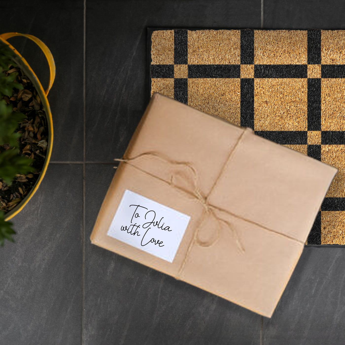 A Package on a Grid Coir Doormat on the front porch