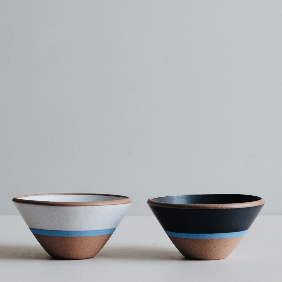 Two ceramic bowls with blue stripes on a light gray background