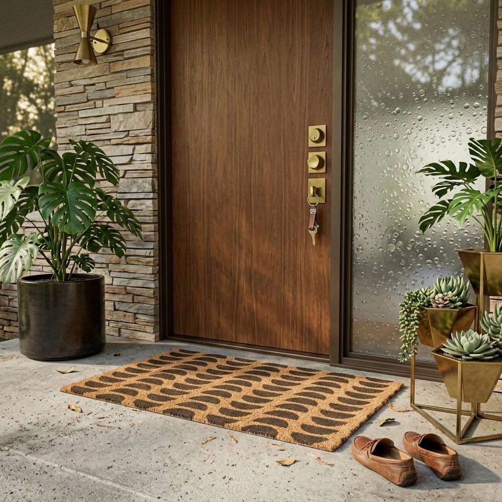 half circle doormat in mid century modern front porch