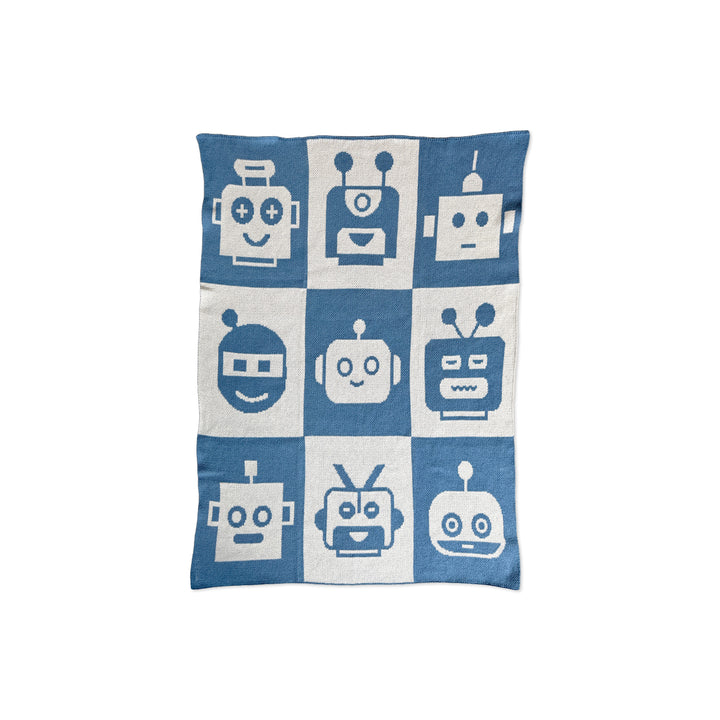 A baby blanket or throw, featuring a blue and off-white checkerboard pattern with stylized robot faces in the center of each square.
