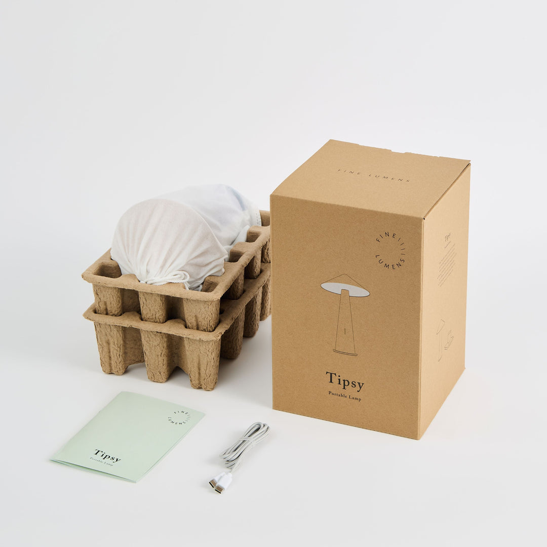 Tipsy product packaging with a cardboard box, product, and tools on a white background
