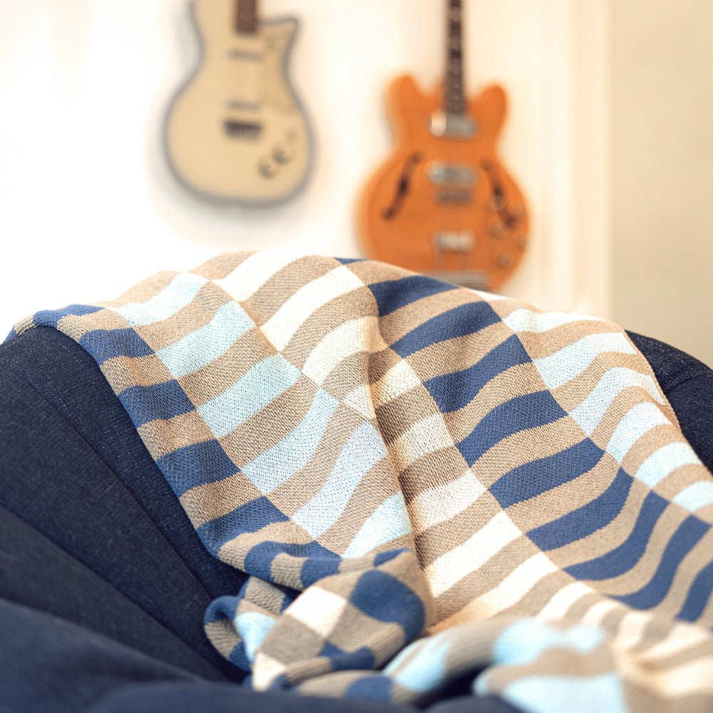 Blue and Tan Throw with Guitars in Background